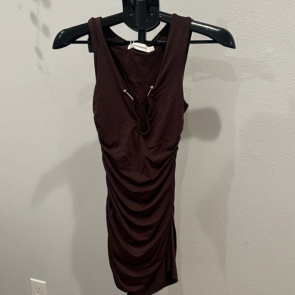 Ruched Tank Mini Dress in Chocolate Brown - Sleeveless